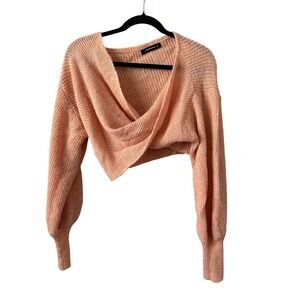 Olivaceous Cropped Surplice Sweater M Peach Excellent Knit Long Sleeve Pullover